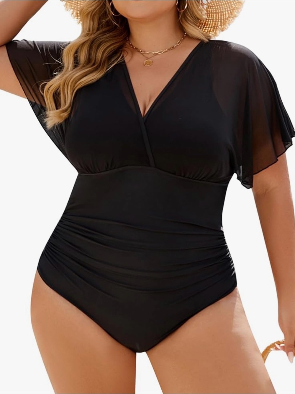 Black V-Neck One-Piece Swimsuit with Sheer Flutter Sleeves